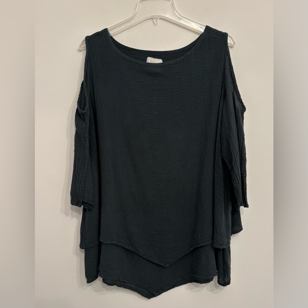 100% Cotton Boho Gauze Cold Shoulder Blouse, Size L
